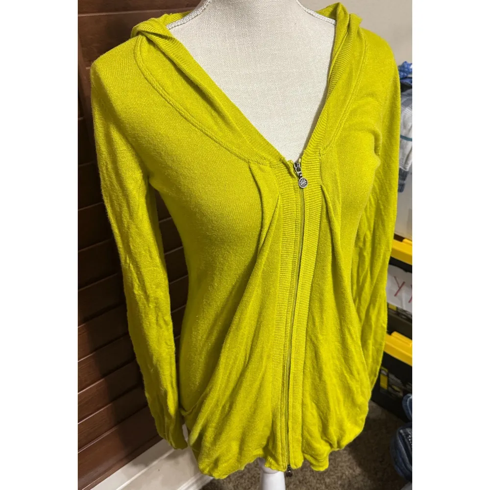 Athleta sz S Fine Knit Hooded Sweater Sweatshirt Double Zip Neon Yellow Green - Image 2