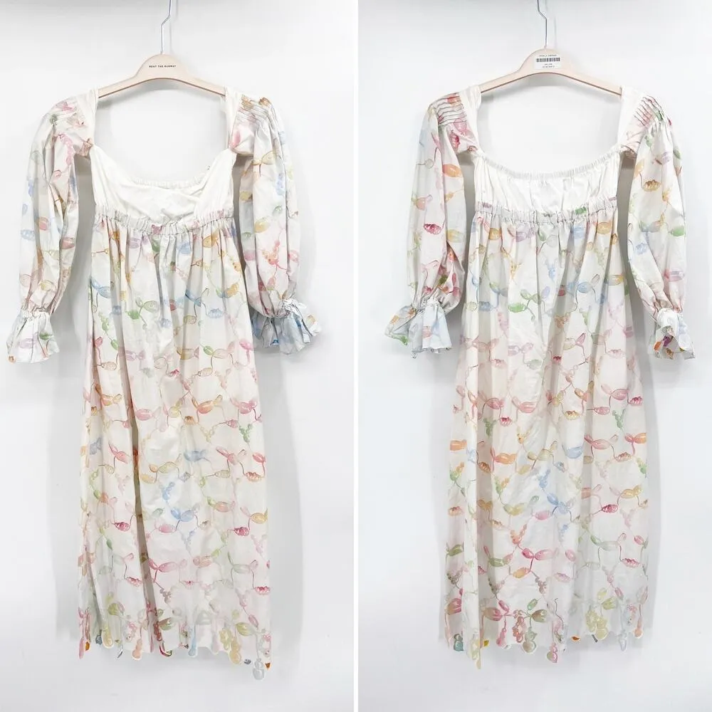 Rosie Assoulin Strapless Off Shoulder White Pastel Print Bell Cuff Midi Dress 4 - Image 4