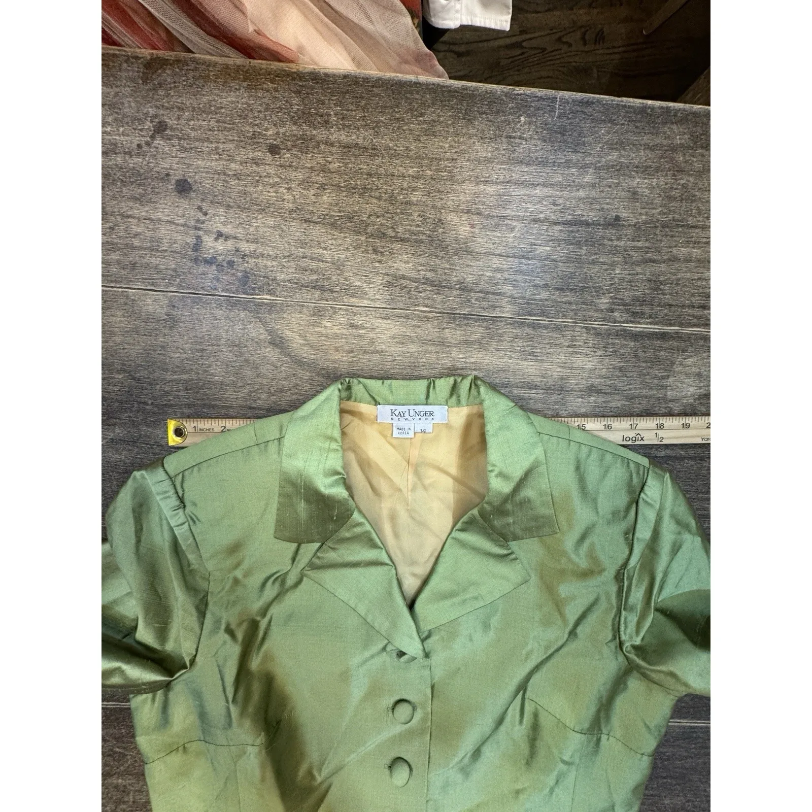 Kay Unger 100% Silk Green Satin Skirt Suit Set Y2K Dynasty Glam Sz 14 Wedding - Image 10