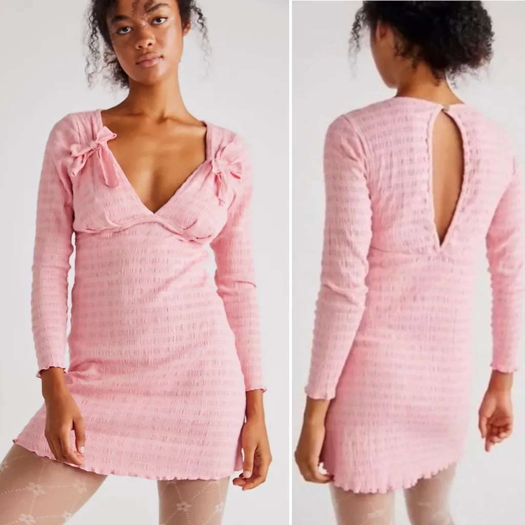 Free People Palina Long Sleeve Smocked‎ Bow Details Mini Dress Rose Pink Size XS - Image 2