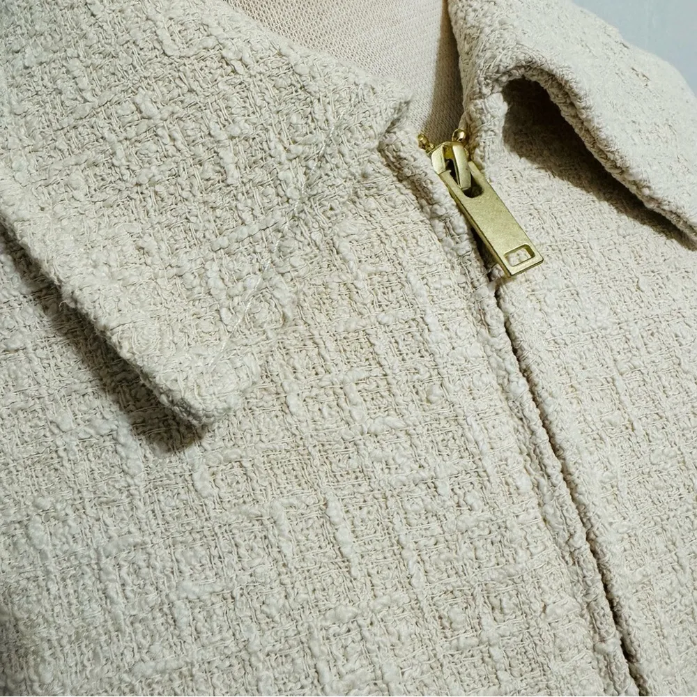 Zara Women Bloggers Favorite Ecru Textured Weave Bomber Collared Zip Jacket Sz M - Image 10