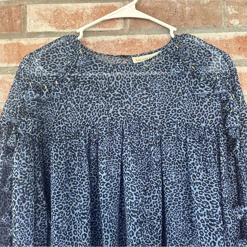 Sachin + Babi Cheetah Print Long Sleeve Tassel Blouse Women’s XS Blue Designer - Image 2