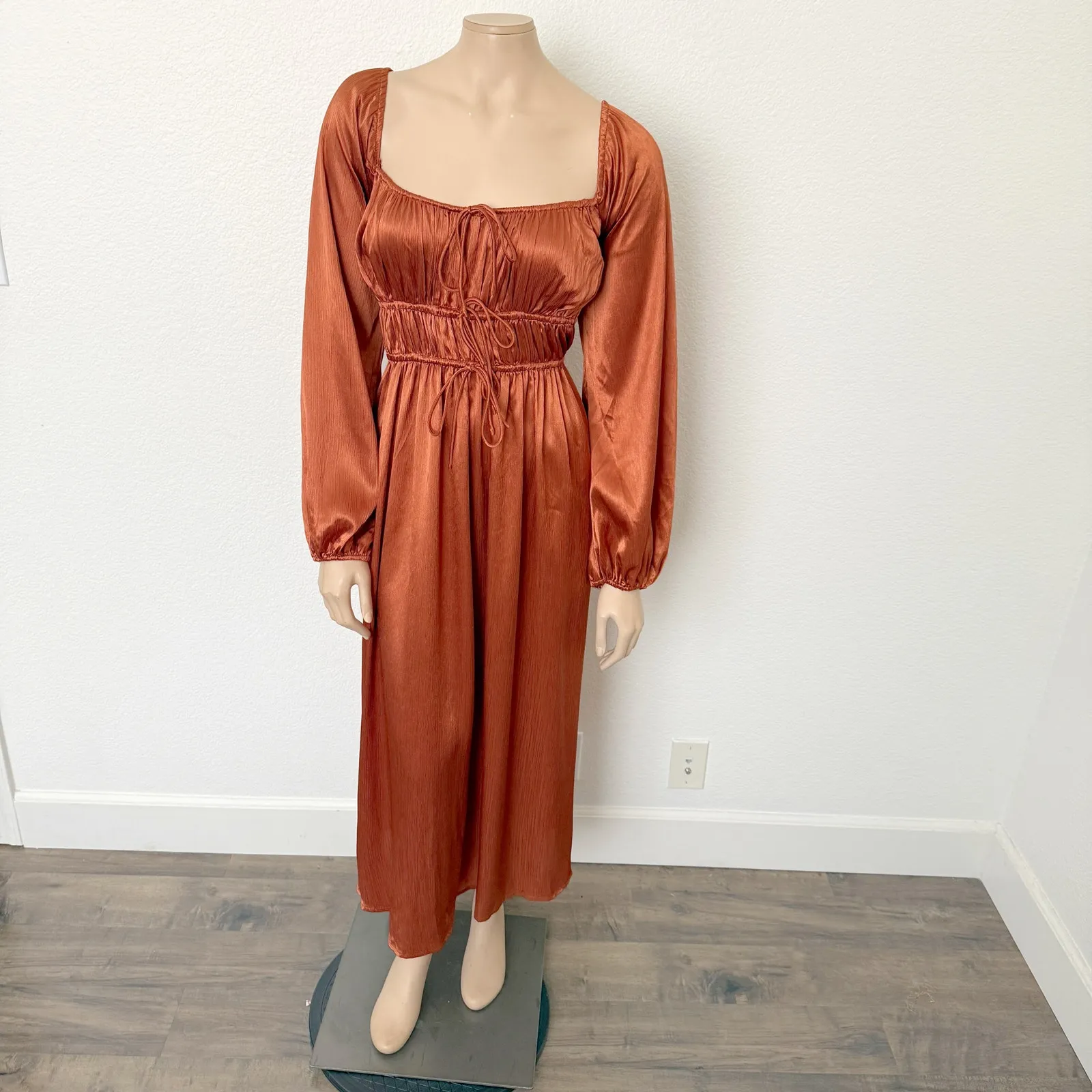 [Lulus] Lush Burnt Orange Juliet Satin Balloon Sleeve Boho Midi Dress NWT Sz XL - Image 4