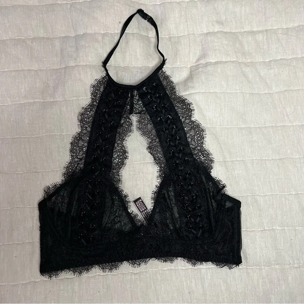 Victoria’s Secret Very Sexy Black Lace High Neck Halter Lace Up Bralette Small - Image 3
