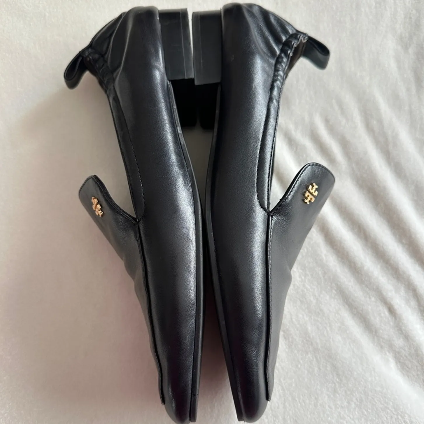 Tory Burch Kira Black Nappa Leather Women's Loafers Stretch Heel Gold Hardware - Image 2