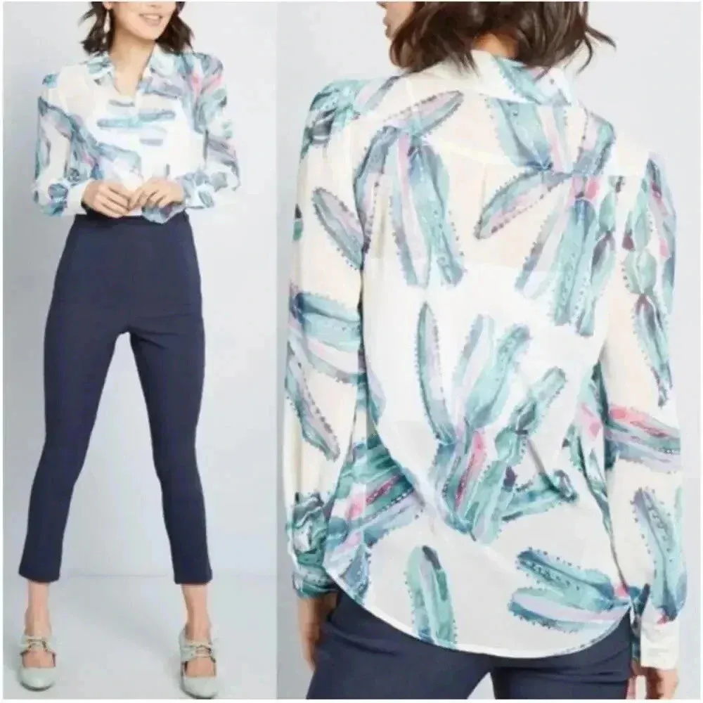 ModCloth Button Down Watercolor Cactus Shirt XS - Image 2