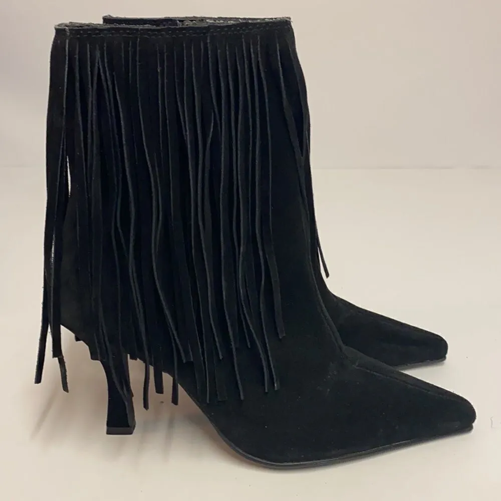 Vintage Newport News Black Suede Fringed Boots Size‎ 7 B13 - Image 2