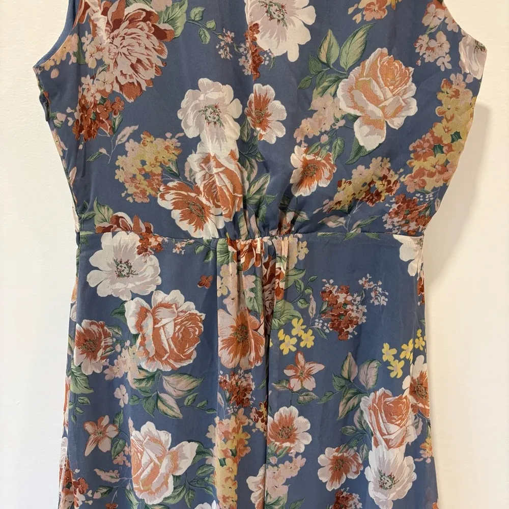 Dress Forum Los Angeles Blue Floral Midi Dress Slit Ruffle Formal Wedding Garden - Image 9