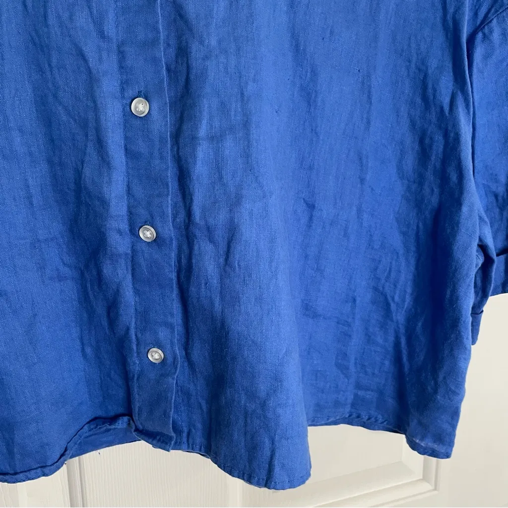 H&M Royal Blue 100% Linen Button Down Crop Shirt Size Medium oversized - Image 2