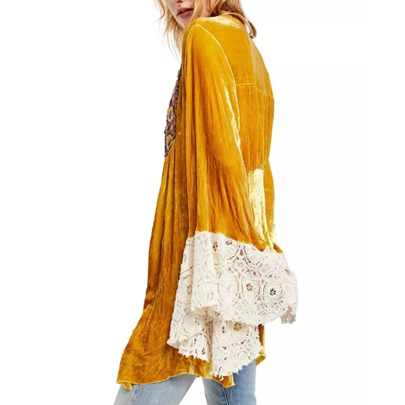 Free People Wanderlust Jacket XS Velvet Renaissance Embroidered Lace Sweater - Image 2