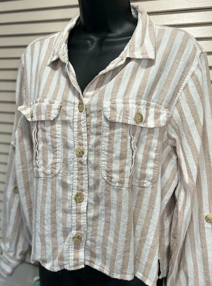 Shirt Button Up White/Tan Striped Long Sleeve Size L Linen Pocket - Image 2