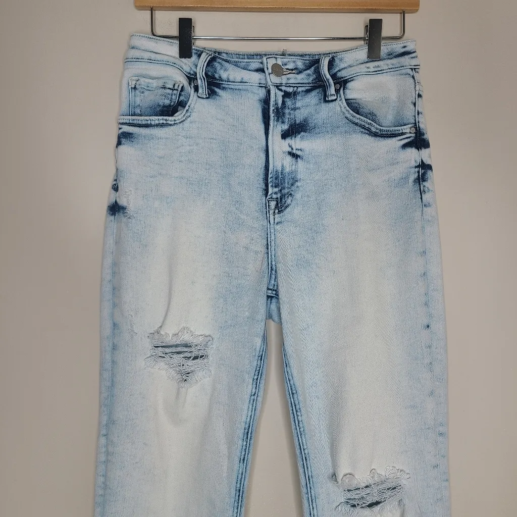 Risen Camille Acid Wash Crop Distressed High Rise Straight Jeans Size 11/30‎ Blue - Image 2