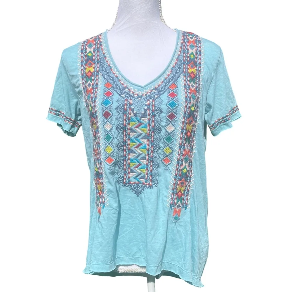 Johnny Was Amaris Everyday Tee Blue Size S Embroidered V Neck Short Sleeve NWT - Image 3
