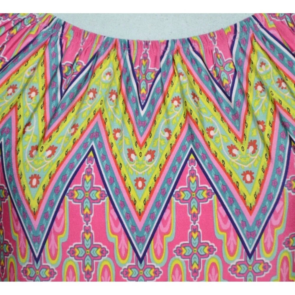 R. Rouge Pink Hippie Retro Midi Dress Size S Bell Sleeves Fringe Colorful Bright - Image 3