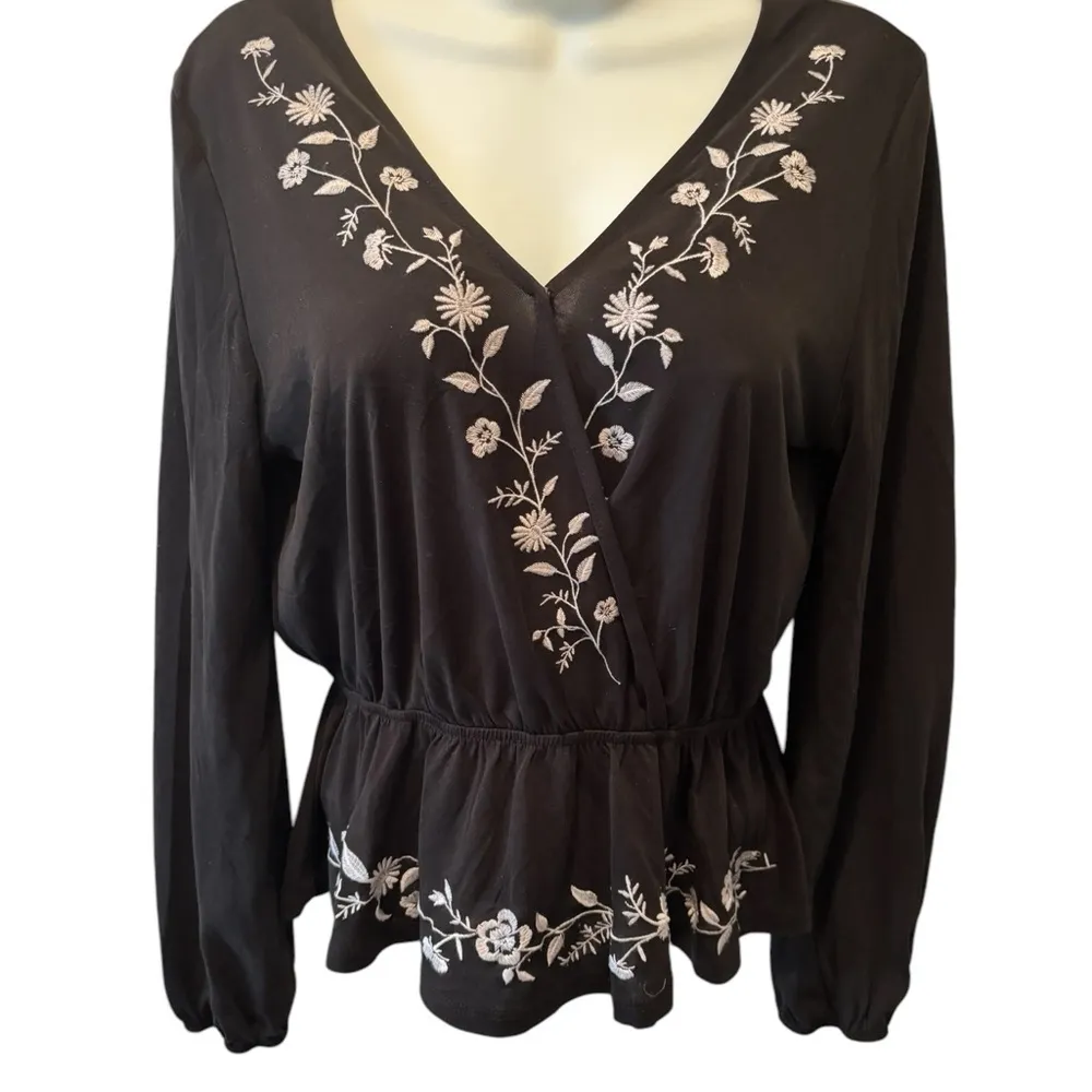 Y2K Embroidered Peplum Top Black Sz L Long Bishop Sleeve Whimsigoth Retro Witchy - Image 4