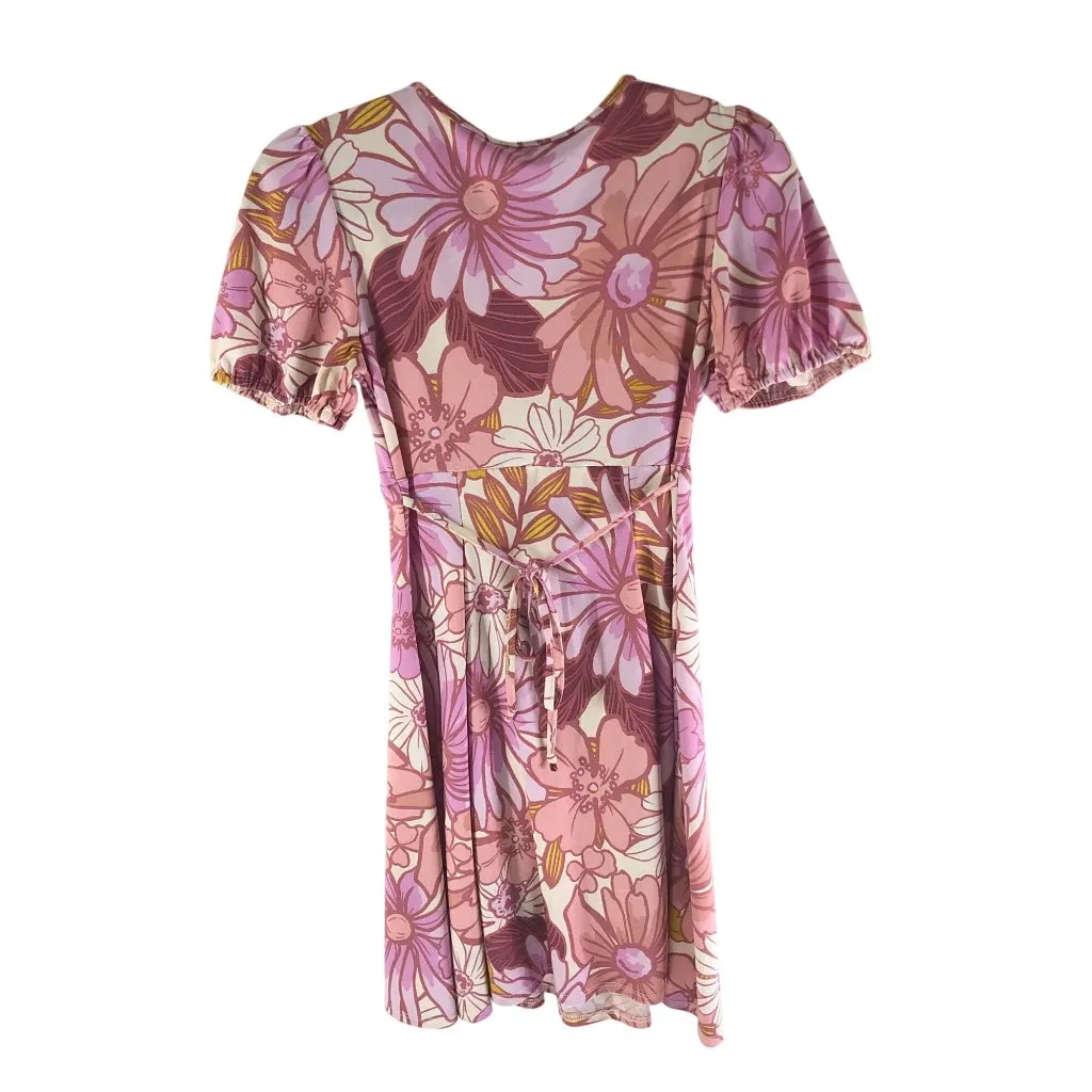 As U Wish Mini Dress V Neck Faux Wrap A Line Retro Floral Pink S - Image 2