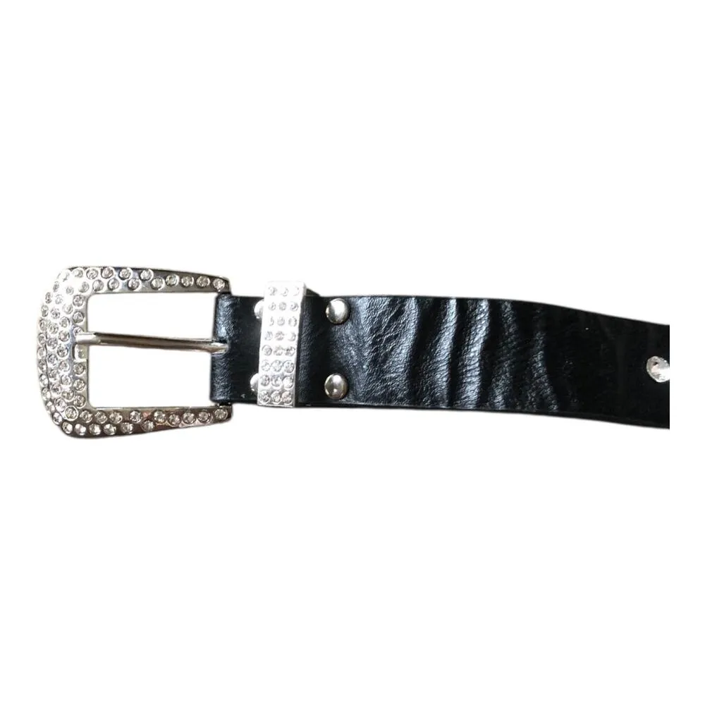 Black Faux Leather Western Belt Rhinestone Studded Bling Buckle Cowgirl Style - Image 9