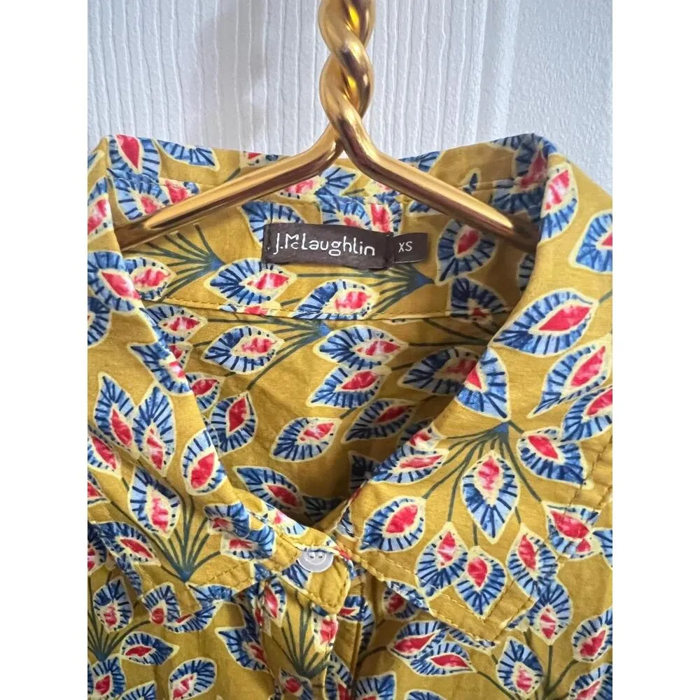 J McLaughlin Shirt Womens XS Yellow Mustard Floral Long Sleeve Cotton Button Up - Image 6