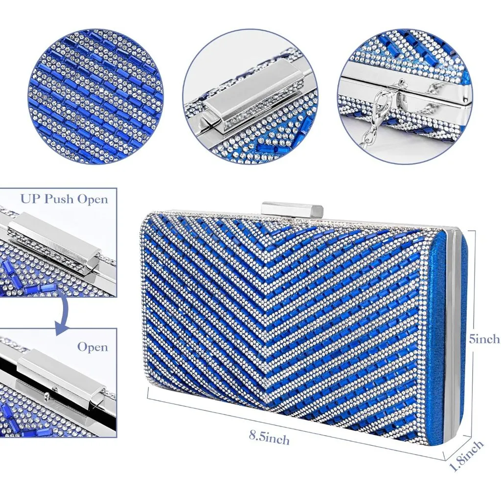 ⚡ Women's Sparkly Rhinestone Glitter Metal Clasp Chain Evening Blue Clutch Bag - Image 5