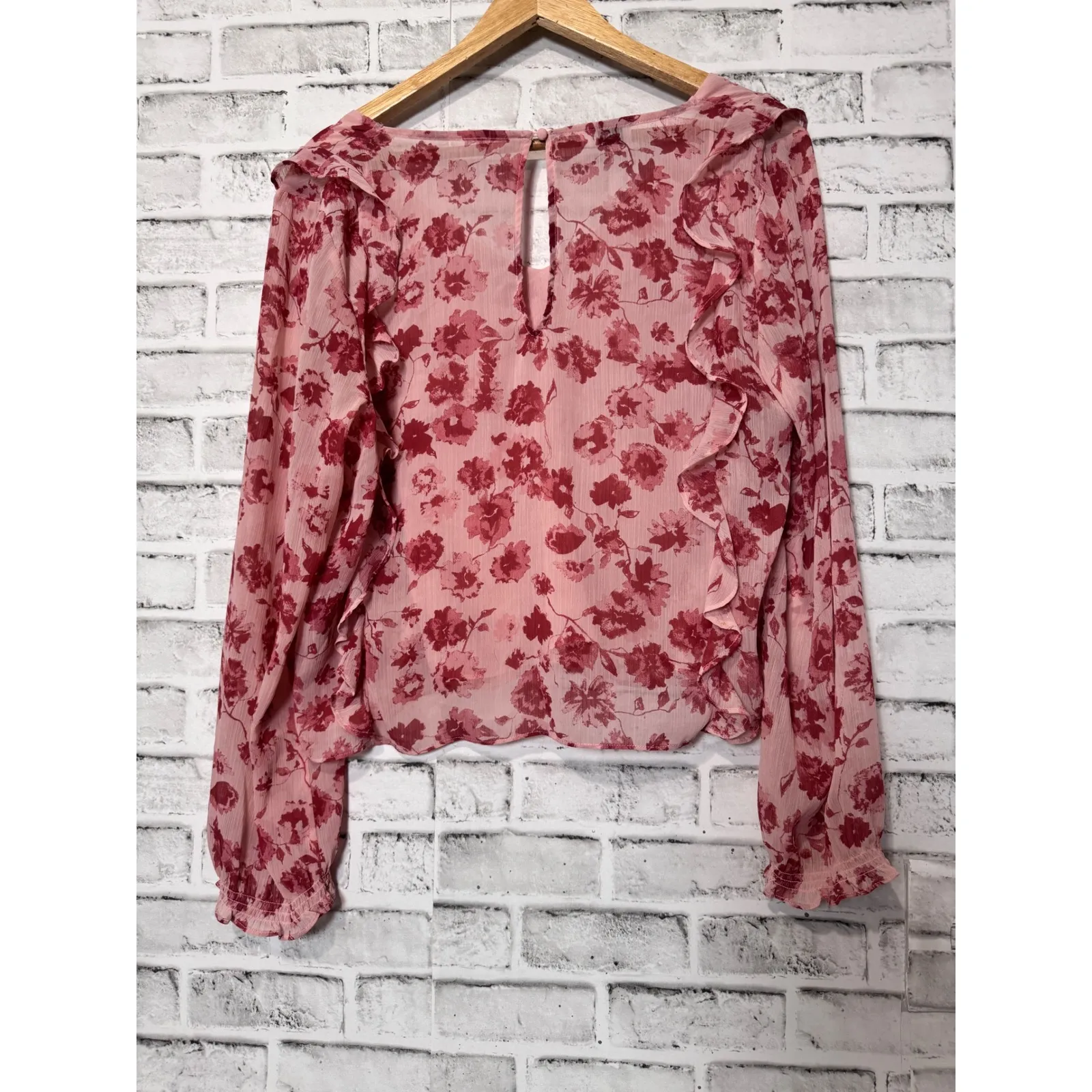 Gentle Fawn Pink Floral Ruffle Neck V-Neck Long Sleeve Blouse Top Size L - Image 3