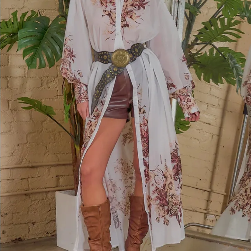 Floral Maxi Shirt Dress Sheer Long Sleeve Size Large. White - Image 3