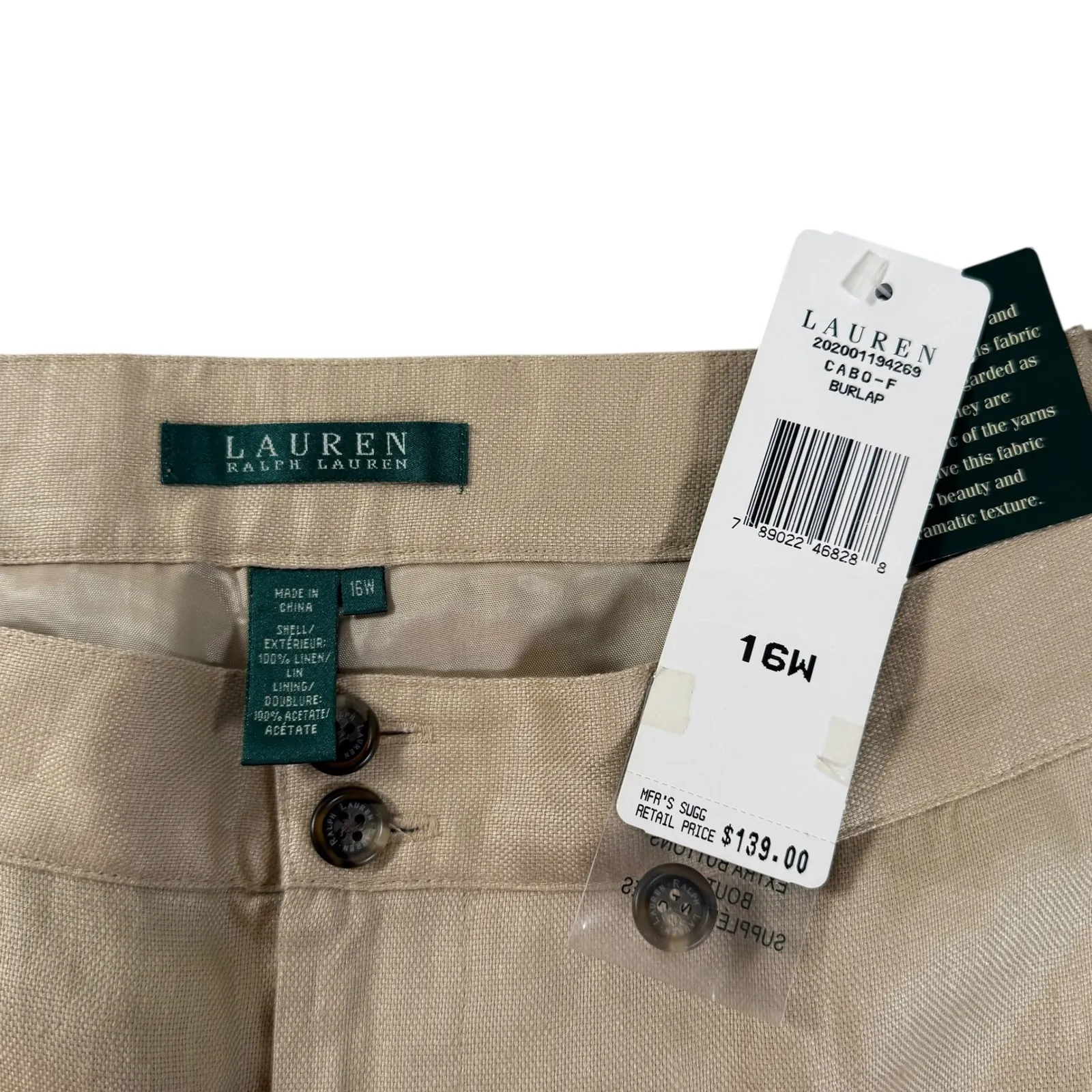 NWT Lauren Ralph Lauren 100% Linen Trousers 16W Tan Khaki Beige Pant Euro Summer - Image 8