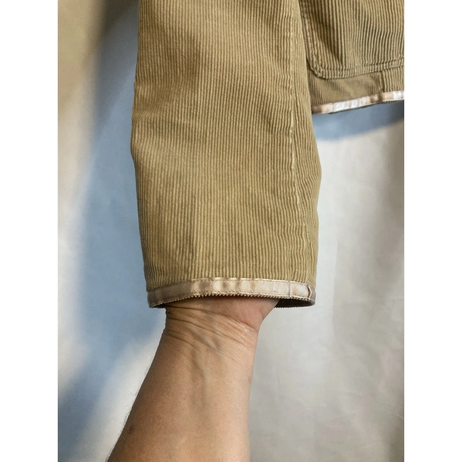 Y2K Beige Corduroy Jacket Blazer M Satin Trim Light Academia 70s Career Classic Tan Size M - Image 3