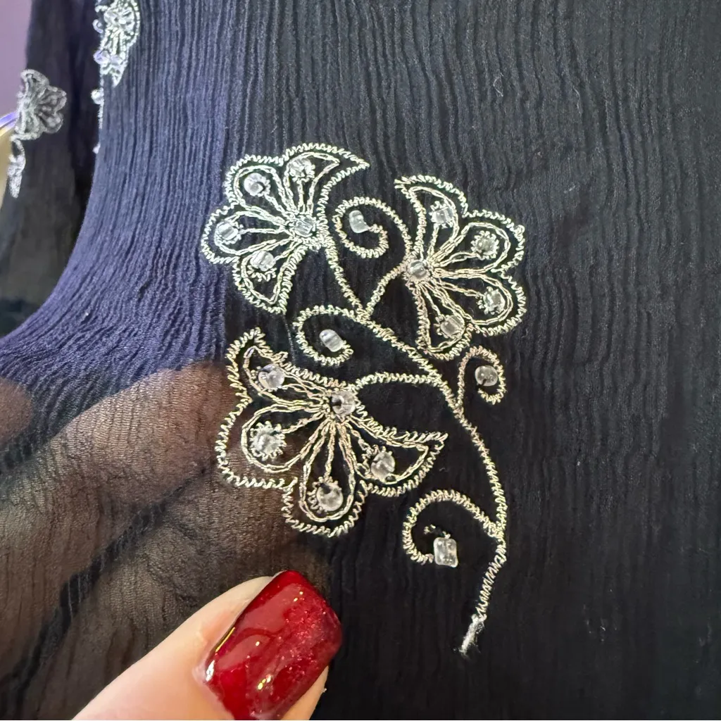 Vintage Y2K Silkland Flutter Sleeve Beaded Embroidered 100% Silk Top Size M Black Size M - Image 6