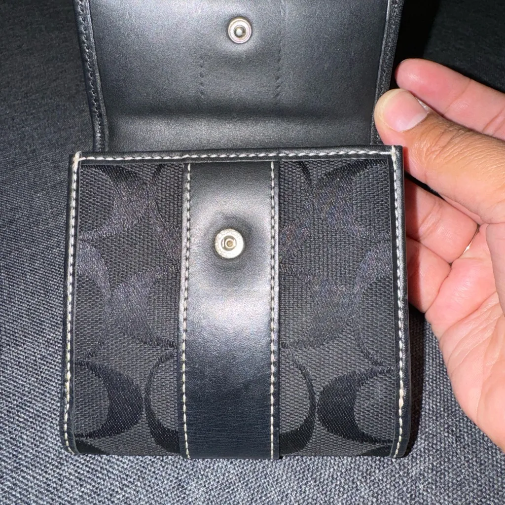 Coach Double Snap‎ Wallet Black Canvas Leather C - Image 7
