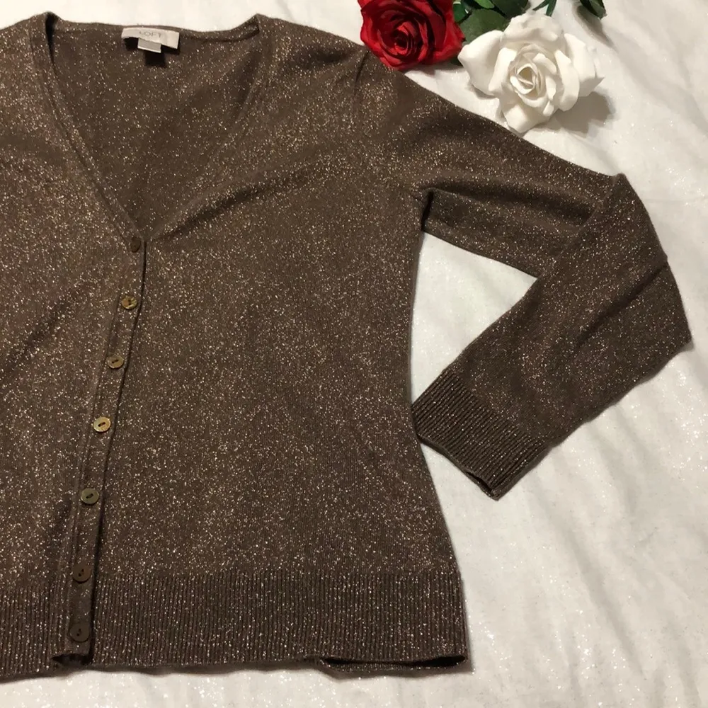 LOFT Brown Glitter Cardigan M - Image 3