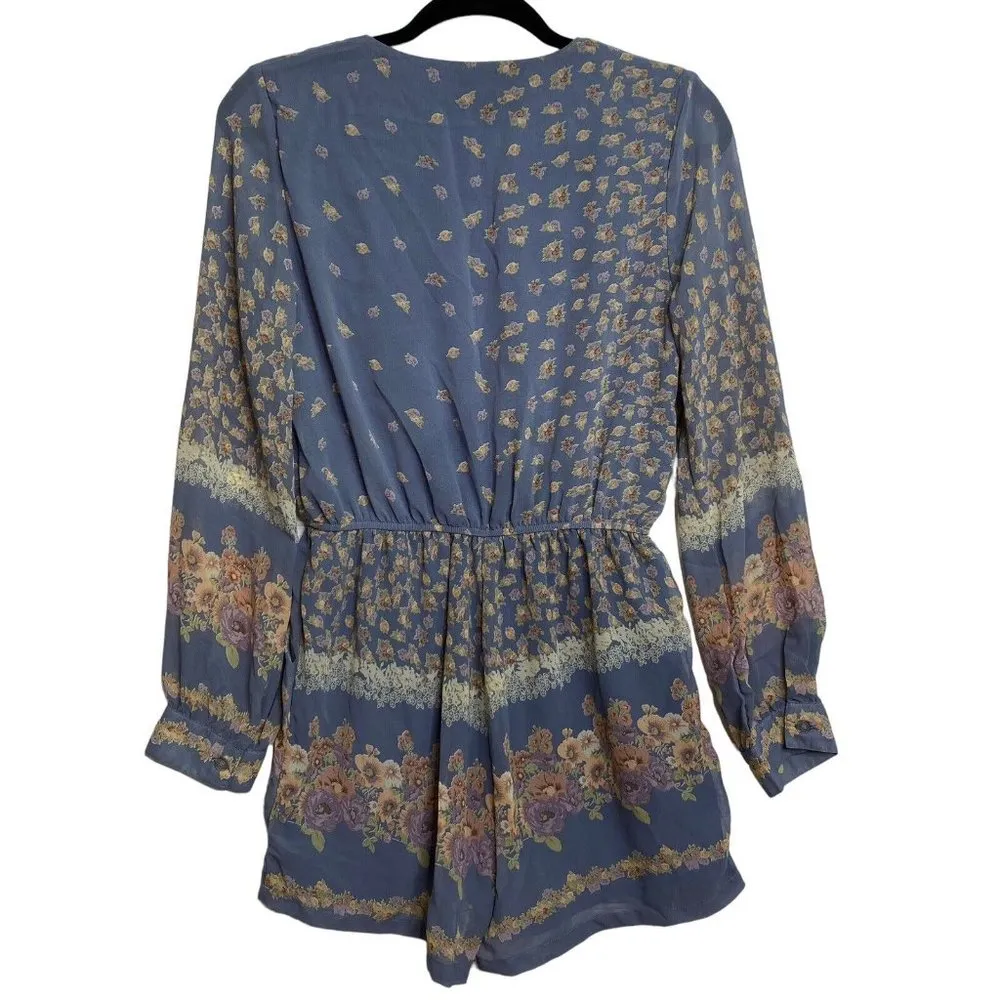 The Hanger Floral Romper Size Medium Baby Blue Long Sleeve Pockets Floral Shorts - Image 5