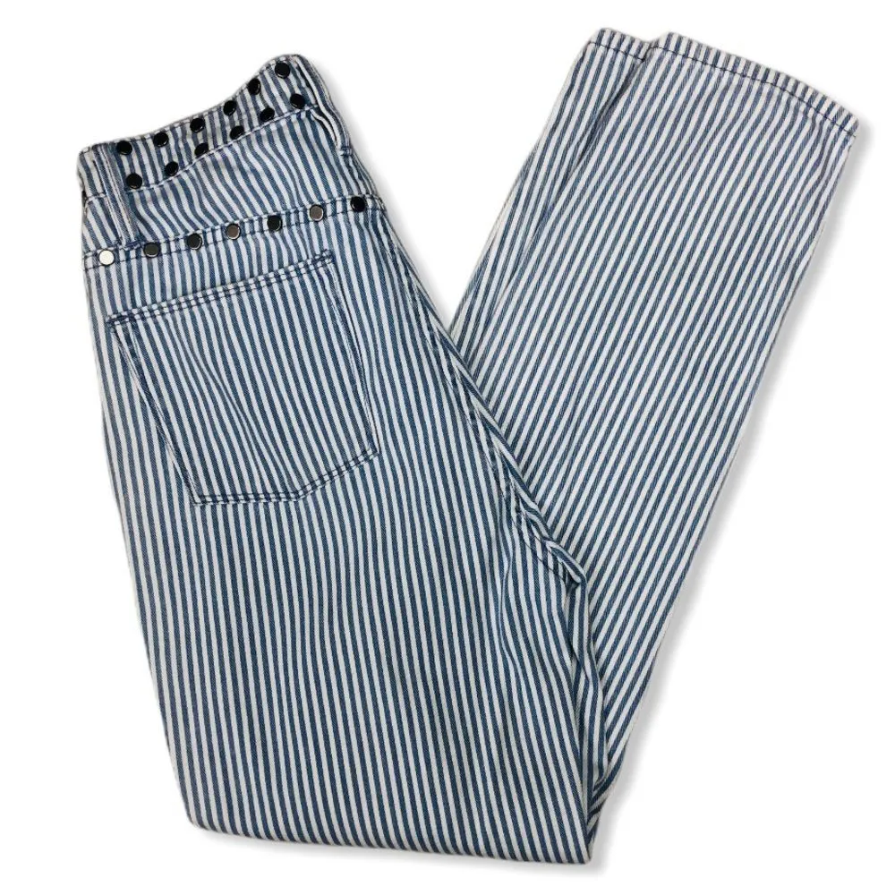 Juicy Couture High Rise White Blue Stripe Girlfriend Jeans with Studded Detail - Image 3