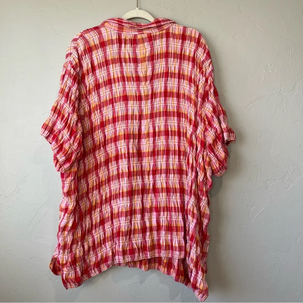 Plaid smocked button up 4x colorful top blouse ruffle feminine gingham cute Pink - Image 10