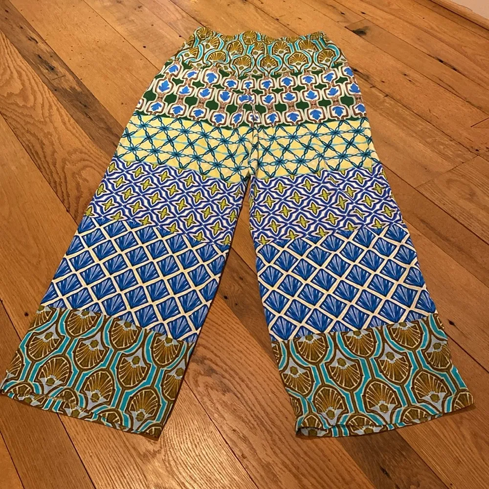 ZARA Wide Leg High Waisted Flowy Bohemian Geometric Pants Blue Aqua Sz Medium - Image 7