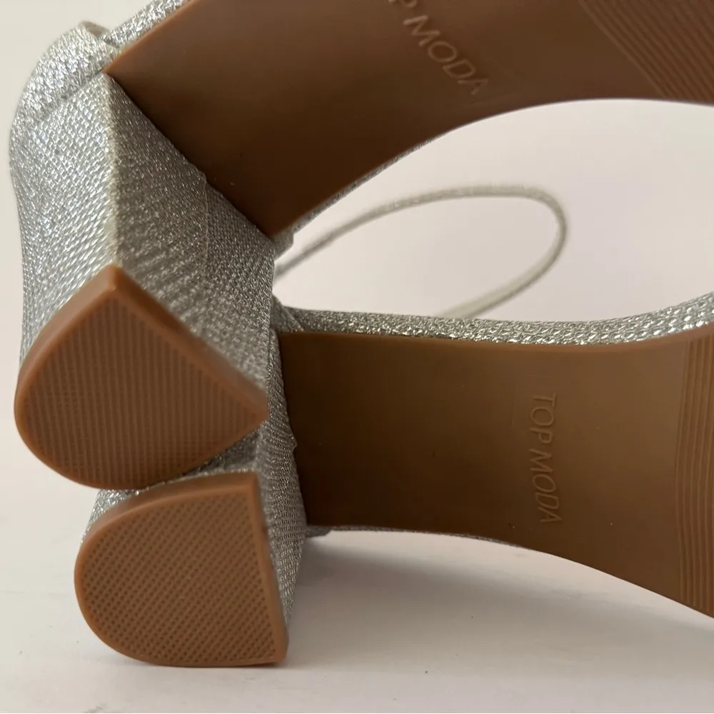 Silver Glitter Block Heels Size 10 Ankle Strap Sparkly Heeled Sandals Metallic - Image 10