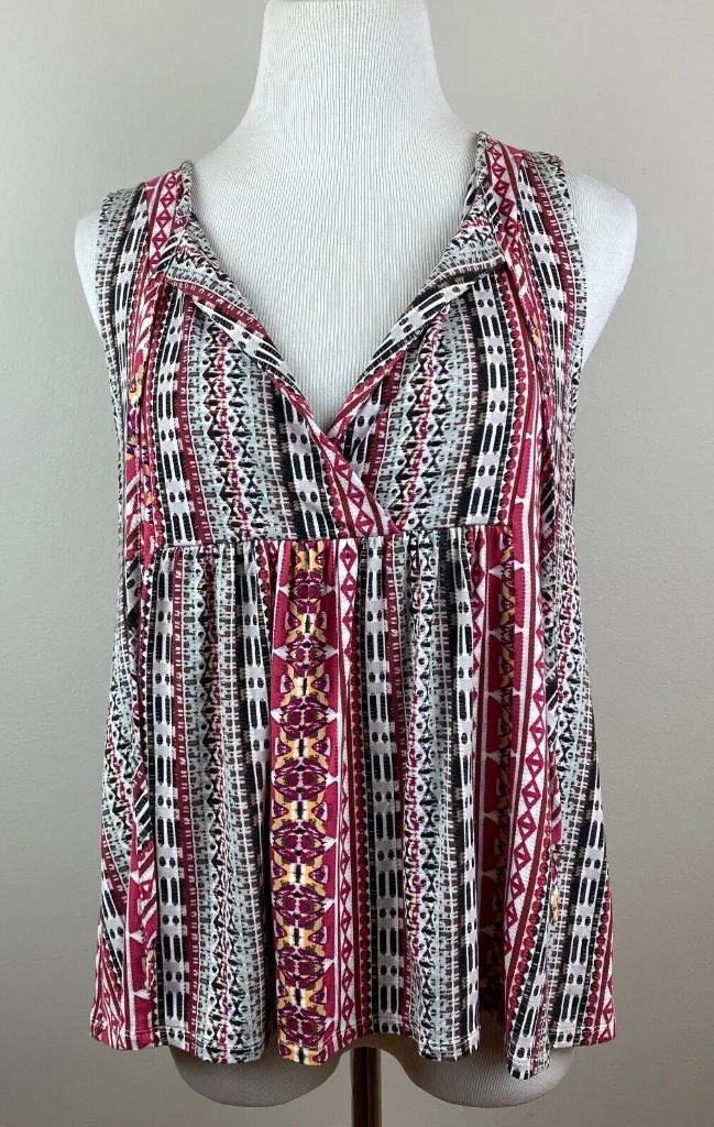 Sanctuary Top Womens Small Tank Tribal Printed Self Tie‎ V-Neck Multicolor New - Image 1