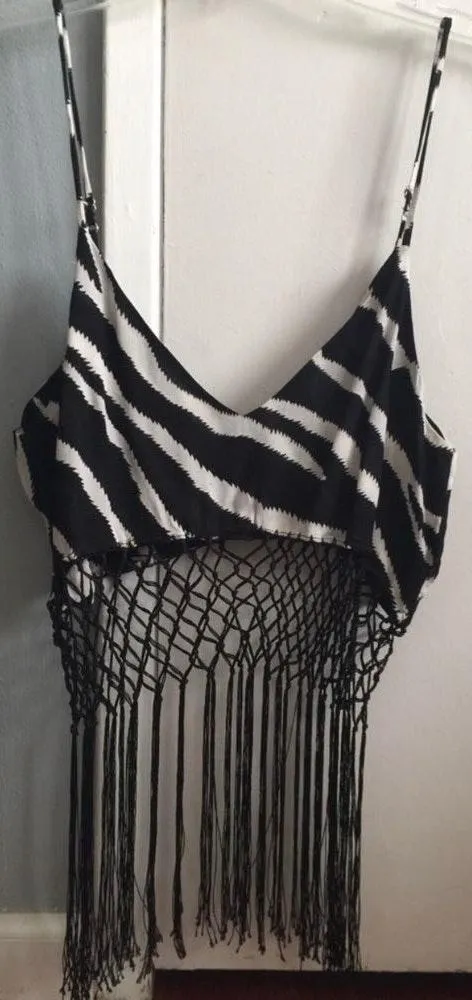 Xolani Macrame Fringe Crop Tank Top Zebra Print - Image 5