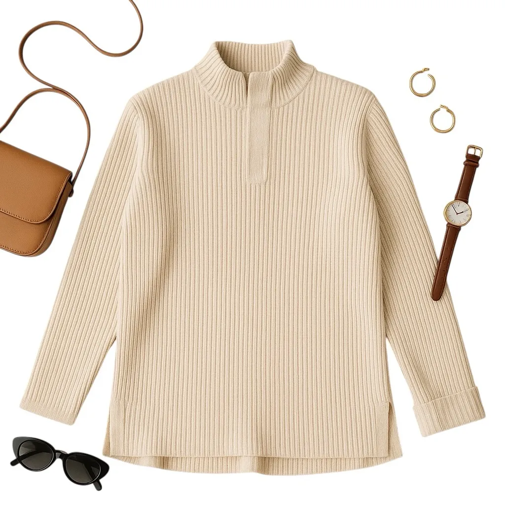 INC International Concepts Ribbed Snap Collar Oatmeal Cotton Sweater Large Soft White - Image 1