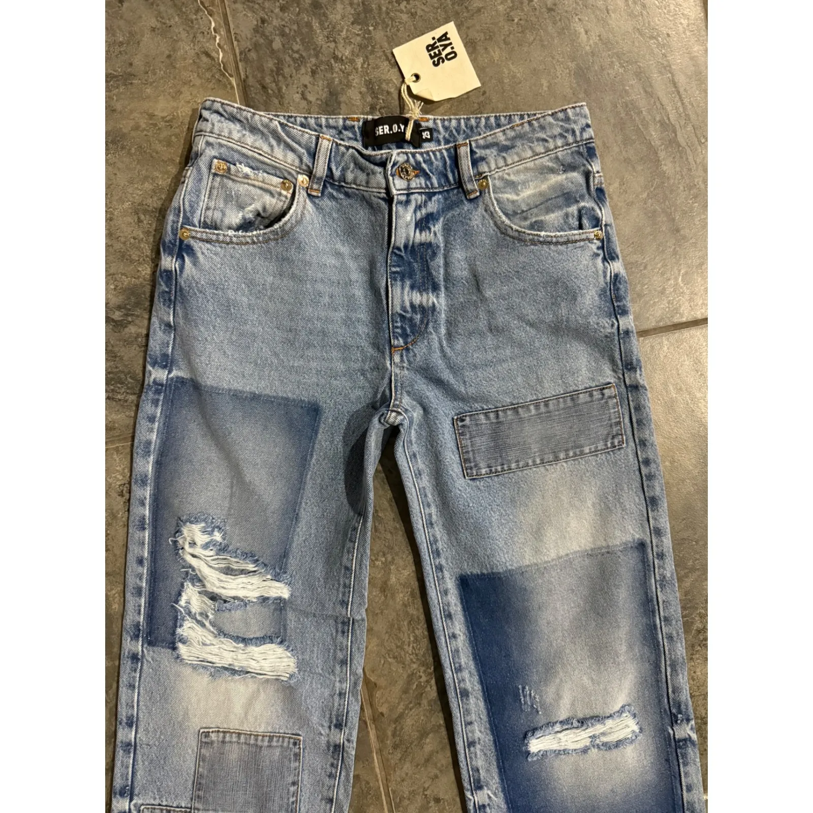 NWT SER.O.YA Heidi Straight Leg‎ Patch Jean Sz 25 $370 Blue - Image 9