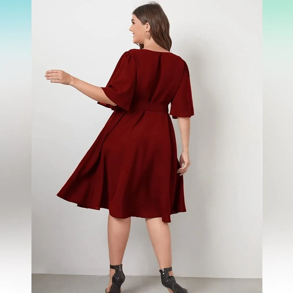 NEW Bell Sleeve V Neck Wrap Belted A Line Swing Midi Dress 2X - Image 2