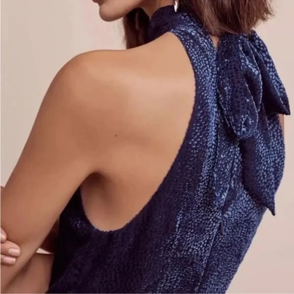 Elevenses Anthropologie Blue Velvet Polka Dot Halter Neck Jumpsuit Womens Size 2 - Image 3