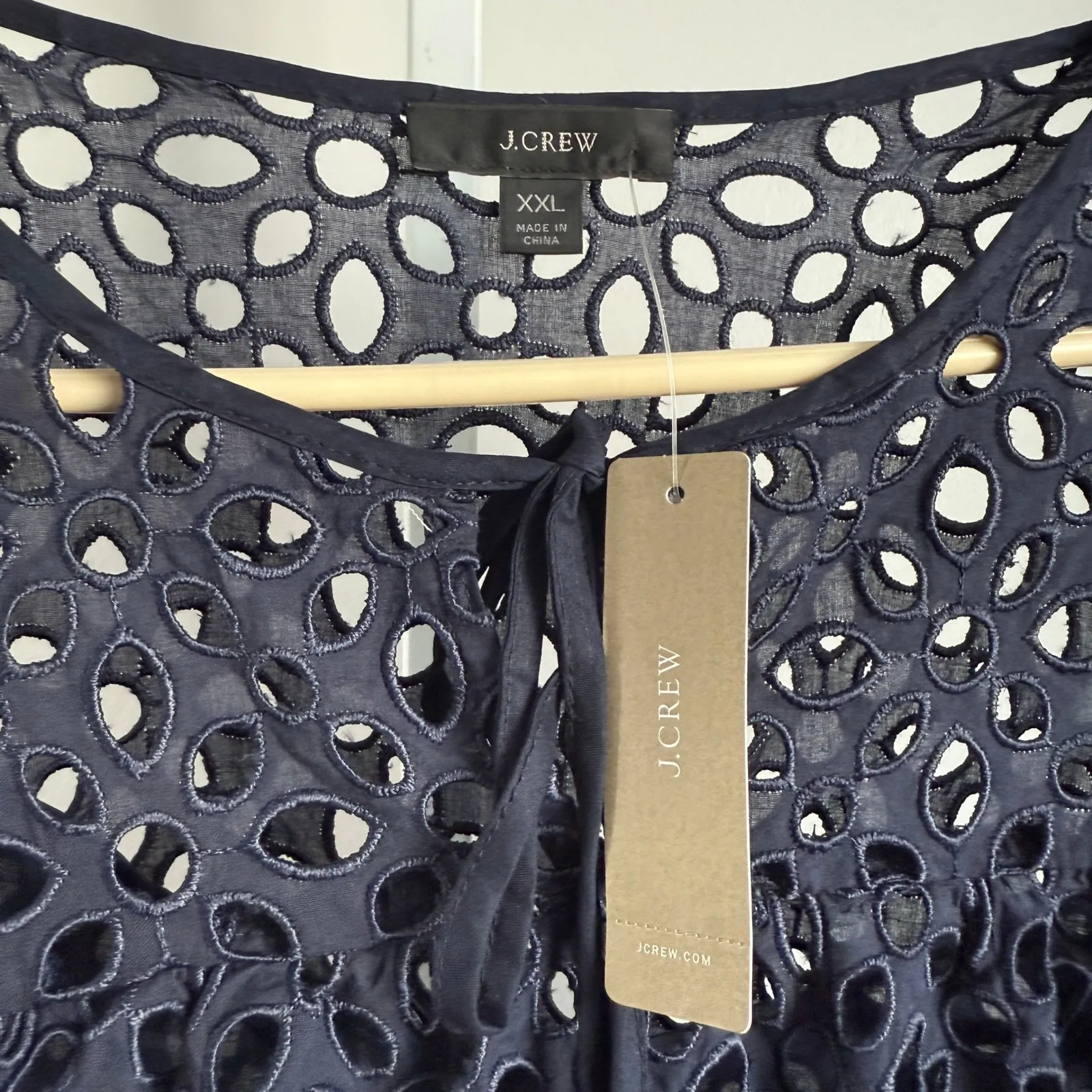 J. Crew Eyelet Top Blouse Womens‎ XXL Navy Blue Long Sleeve Tie Neck New - Image 2