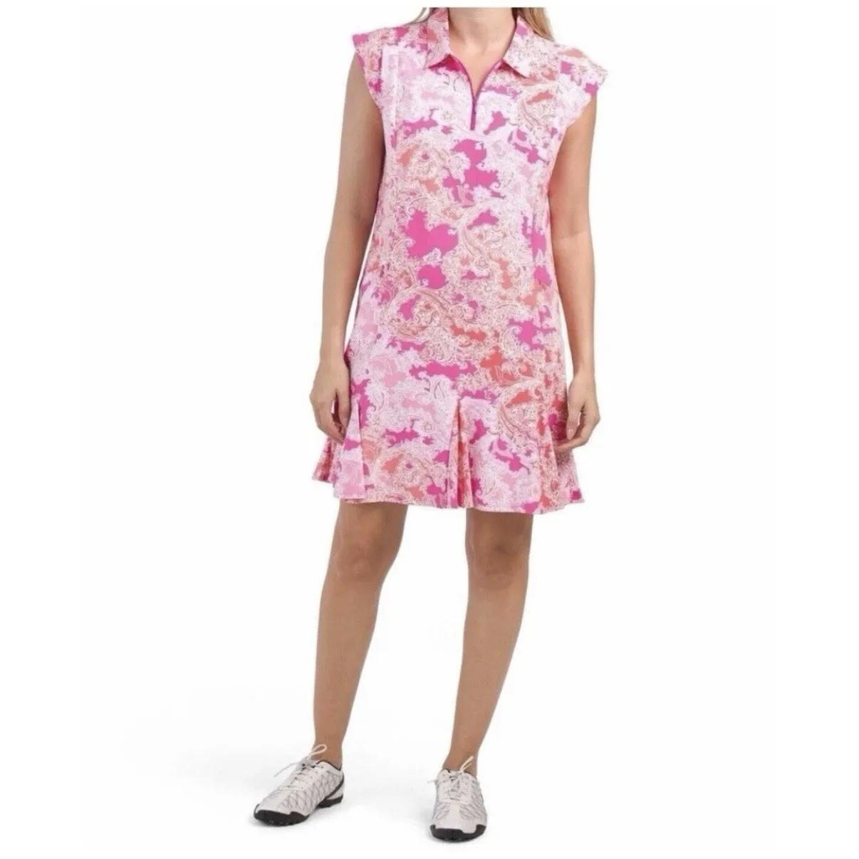 IBKUL Pink Paisley 1/4 Zip Flounce Hem Sleeveless Polo Dress Size XS Pockets - Image 2
