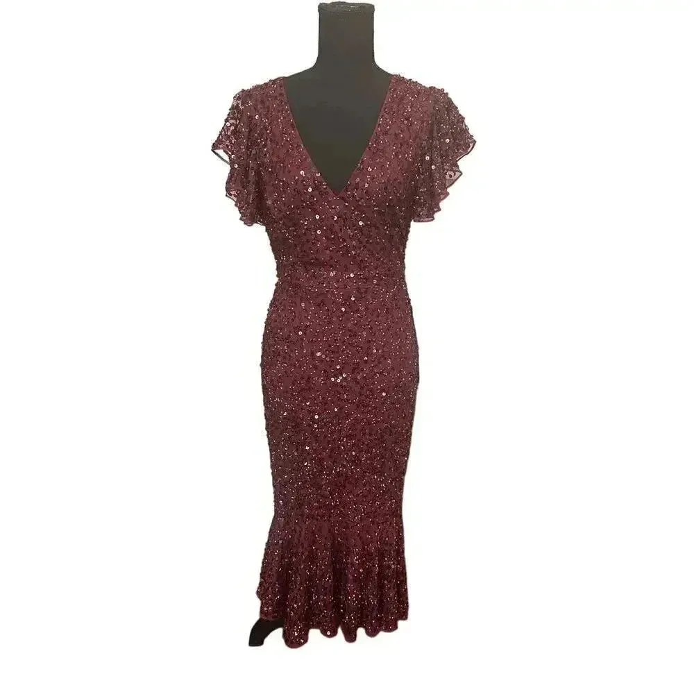 NEW- NWT Mac Duggal SEQUINED V NECK FLUTTER CAP SLEEVE TRUMPET DRESS SZ 0 - Image 4