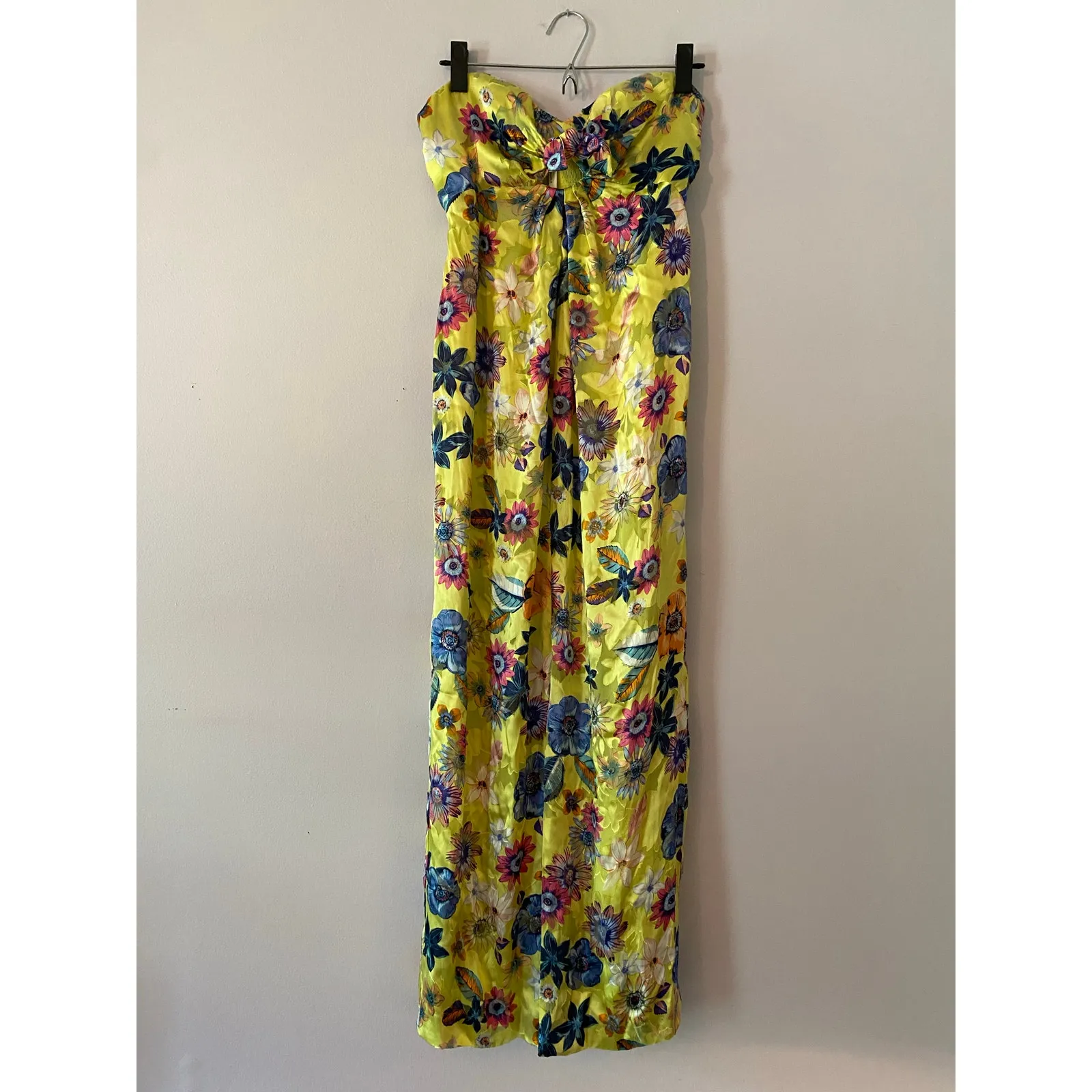 Anthropologie Strapless Midi Dress Floral Silk Blend Yellow Blue Pink Small - Image 2
