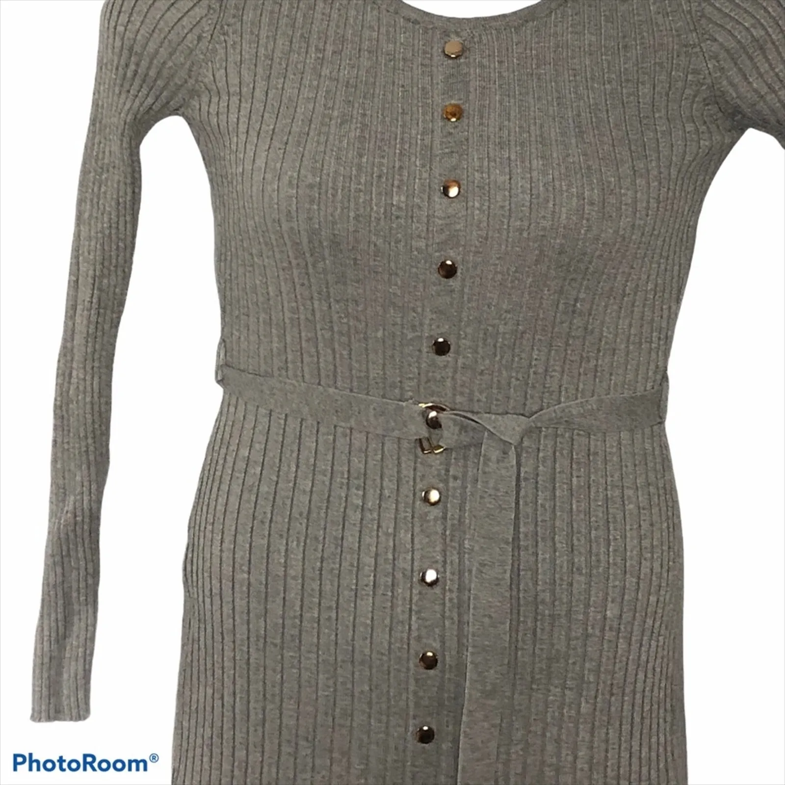 Hera Collection Grey Ribbed Bodycon Sweater Dress Faux Button Slit Size L - Image 5