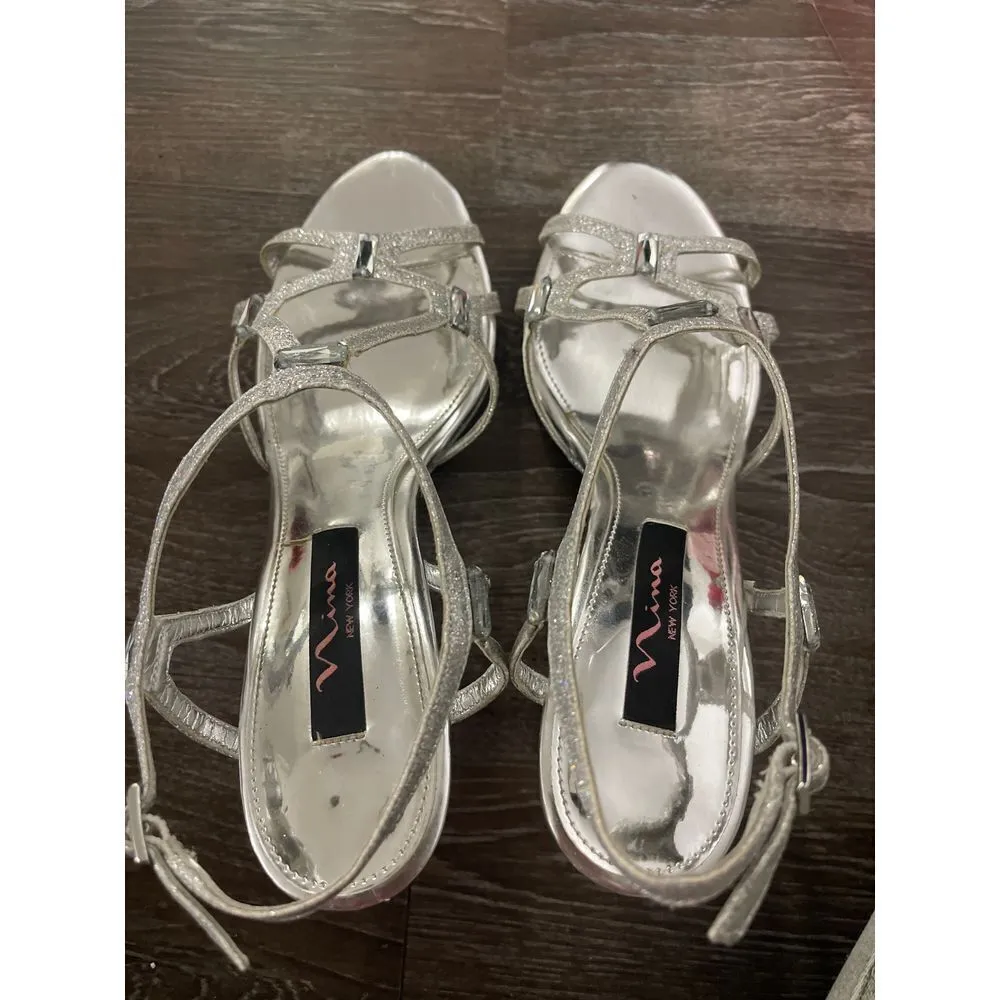 Elegant Silver Strappy Sandals Glitter‎ Heels Evening Party Wedding Shoes S - Image 7