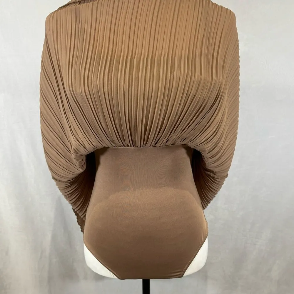 mocha ruffle pleated mini dress with bodysuit size medium - Image 3