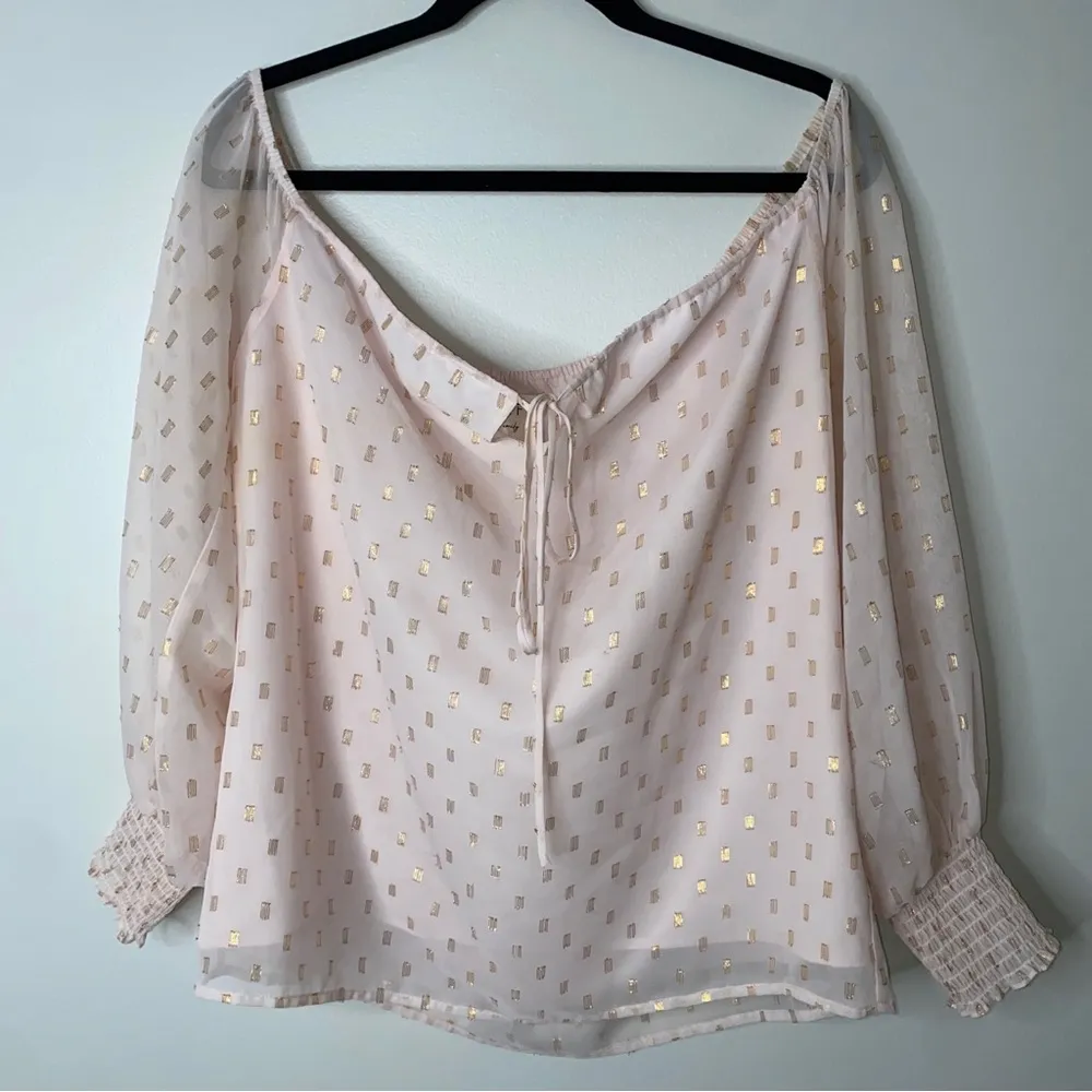 Nordstrom WAYF Pink Off-the-shoulder pink gold bow puff sleeve chiffon top Large - Image 7