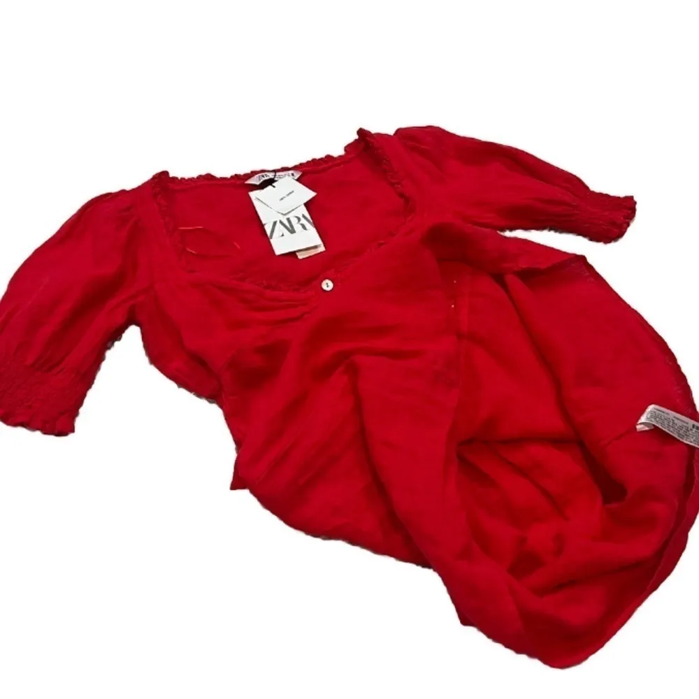 NWT Zara Red Linen Sweetheart Ruffle Mini Dress Button Accent Pullover Medium - Image 8